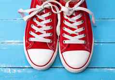 一对红色的纺织运动鞋白色鞋带