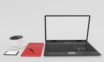 黑色的移动PC电脑杯黑色的咖啡红色的书