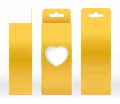 挂盒子黄金窗口心形状的减少包装模板空白奢侈品空盒子金黄色的模板设计产品包礼物盒子黄色的黄金盒子包装纸卡夫纸板包