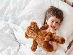 蹒跚学步的谎言床上可爱的泰迪熊男孩白色毯子毛茸茸的玩具豪华的警卫手表孩子的睡眠早....睡觉前舒适的首页