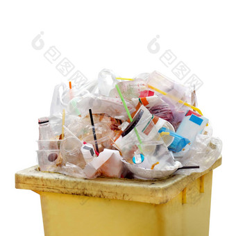 浪费堆浪费垃圾垃圾塑料完整的垃圾本黄色的塑料袋浪费很多垃圾孤立的白色背景垃圾特写镜头