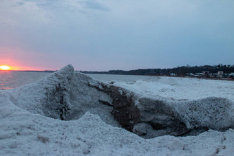 港口斯坦利海滩冬天日落安大略加拿大照片