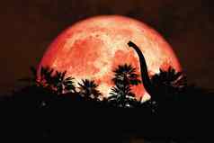 完整的血月亮回来轮廓恐龙公园红色的晚上天空