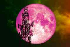 超级粉红色的月亮回来轮廓天线晚上红色的云天空