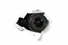 黑色的相机长焦镜头洞白色纸概念狗仔队间谍活动黄色的新闻相机镜头洞墙