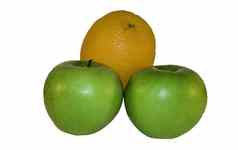 绿色苹果橙色孤立的白色