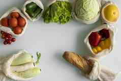 蔬菜水果可重用的生态棉花袋表格浪费购物概念塑料免费的项目多用途的重用回收生态友好的帆布杂货店袋西红柿胡椒鸡蛋面包