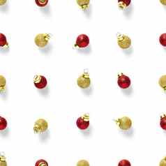 无缝的模式红色的黄金圣诞节装饰白色背景背景使球圣诞节红色的饰品无缝的模式