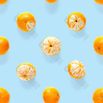 新鲜的普通话接缝模式成熟的水果<strong>橘子</strong>无缝的模式新鲜的柑橘类孤立的蓝色的背景模式平躺克莱门泰