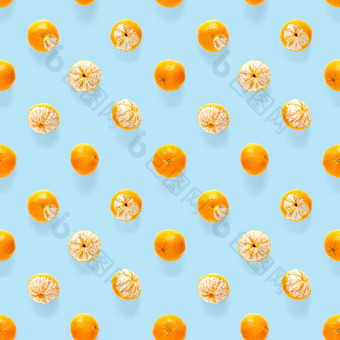 新鲜的普通话接缝模式成熟的水果橘子无缝的模式新鲜的柑橘类孤立的蓝色的背景模式平躺克莱门泰