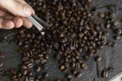 新鲜的烤Arabica咖啡豆子金属勺子分散咖啡豆子木表格