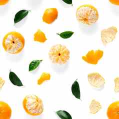 普通话无缝的模式橘子克莱门泰孤立的白色背景绿色叶子集合细无缝的模式
