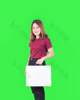 女人持有纸盒子白色特写镜头绿色背景
