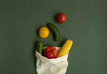 蔬菜生态袋绿色表面胡椒番茄玉米黄瓜西兰花菜花可重用的购物生态友好的棉花织物袋浪费塑料免费的概念可持续发展的