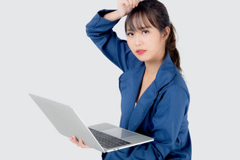 美丽的年轻的亚洲女人工作移动PC电脑疲惫担心孤立的白色背景亚洲女商人沮丧压力业务问题
