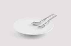 菜勺子叉孤立的白色背景用具食物陶瓷板空厨房用具餐具不锈钢工作室对象概念