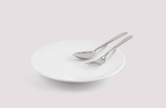 菜勺子叉孤立的白色背景用具食物陶瓷板空厨房用具餐具不锈钢工作室对象概念