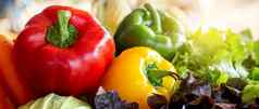 新鲜的有机生蔬菜水果碗沙拉表格素食者健康的食物成分草烹饪健康收获农场营养概念横幅网站