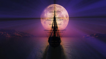 船晚上完整的月亮插图