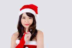 美丽的肖像年轻的亚洲女人圣诞老人服装穿他微笑思考假期圣诞节美模型亚洲女孩快乐的幸福庆祝圣诞节孤立的白色背景