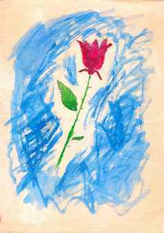 红色的玫瑰花荆棘蓝色的背景孩子画水彩