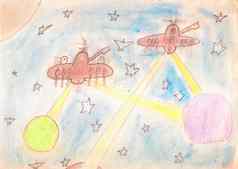 外星人船只扫描行星开放空间星星孩子画