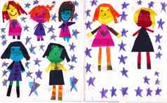 五彩缤纷的女孩包围紫罗兰色的星星剪纸孩子画