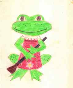 大绿色青蛙红色的衣服扫帚孩子画