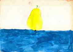 大黄色的梨蓝色的表格孩子画水彩
