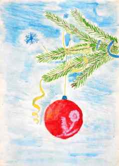 红色的球圣诞节树装饰飘带雪花孩子画