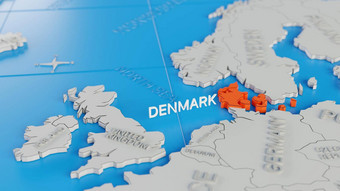 丹麦突出显示白色简化世界地图数字渲染