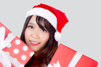 美丽的肖像年轻的亚洲女人快乐持有红色的礼物盒子兴奋圣诞节假期孤立的白色背景亚洲女孩惊<strong>喜庆</strong>祝节日圣诞节一年
