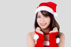 美丽的肖像年轻的亚洲女人圣诞老人服装穿他微笑快乐假期圣诞节美模型亚洲女孩快乐的幸福庆祝圣诞节孤立的白色背景