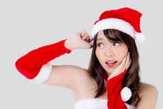 美丽的肖像年轻的亚洲女人圣诞老人服装穿他惊喜兴奋假期圣诞节美模型亚洲女孩快乐的幸福庆祝圣诞节孤立的白色背景