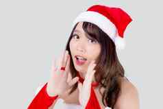 美丽的肖像年轻的亚洲女人圣诞老人服装喊声音大声宣布兴奋快乐假期圣诞节亚洲女孩惊喜庆祝圣诞节孤立的白色背景