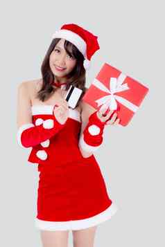 美丽的肖像年轻的亚洲女人快乐持有信贷卡红色的礼物盒子圣诞节假期孤立的白色背景美亚洲女孩惊喜购物信贷卡圣诞节一天