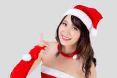 美丽的肖像年轻的亚洲女人圣诞老人服装微笑手势拇指标志快乐假期圣诞节美亚洲女孩快乐的庆祝圣诞节孤立的白色背景