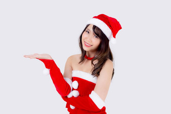 美丽的肖像年轻的亚洲女人圣诞老人<strong>服装展示</strong>空砰砰砰快乐假期圣诞节美模型亚洲女孩快乐的惊喜庆祝圣诞节孤立的白色背景