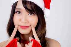 美丽的肖像年轻的亚洲女人圣诞老人服装穿他微笑快乐假期圣诞节美模型亚洲女孩快乐的幸福庆祝圣诞节孤立的白色背景