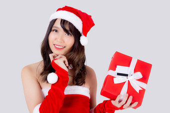 美丽的肖像年轻的亚洲女人兴奋持有红色的礼物盒子卡标签圣诞节假期孤立的白色背景亚洲女孩惊喜庆祝节日圣诞节一年