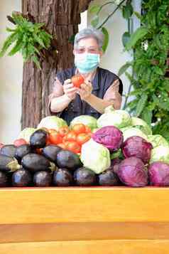 亚洲上了年纪的老女人水果蔬菜木车马车农场