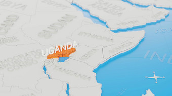 乌干达突出显示白色简化世界地图数字渲染