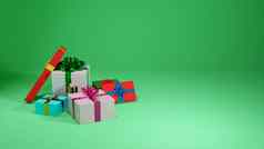 圣诞节生日礼物概念礼物盒子绿色背景数字渲染
