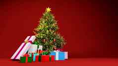 圣诞节概念背景圣诞节树礼物盒子红色的背景数字渲染