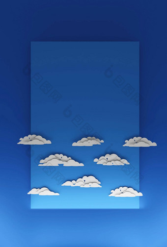 蓬松的云蓝色的天空模板平剪纸设计数字渲染