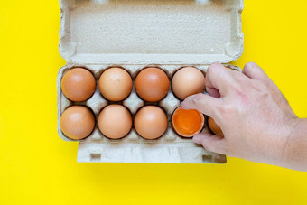 男人的手抓住了锤棕色（的）蛋鸡蛋纸盒子黄色的背景