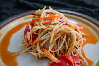木瓜沙拉菜单主要成分木瓜健康的食物找到街食物摊位当地的菜泰国受欢迎的食物