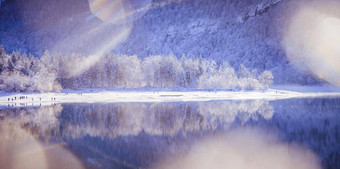 阳光明媚的<strong>冬天景观</strong>阿尔卑斯山脉湖hintersee萨尔茨堡雪树山