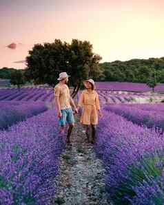 夫妇中期年龄但女人假期普罗旺斯参观盛开的薰衣草字段法国