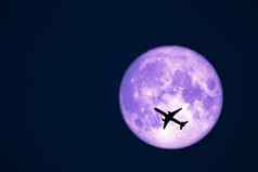 完整的乌鸦月亮轮廓飞机飞行晚上天空